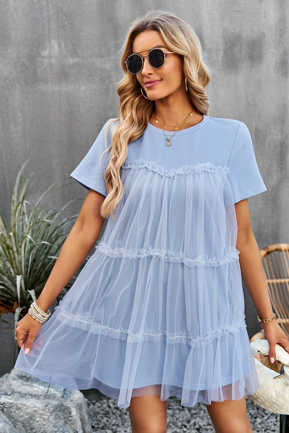 Frill Trim Spliced Mesh Mini Dress  Dresses- Doll Fits
