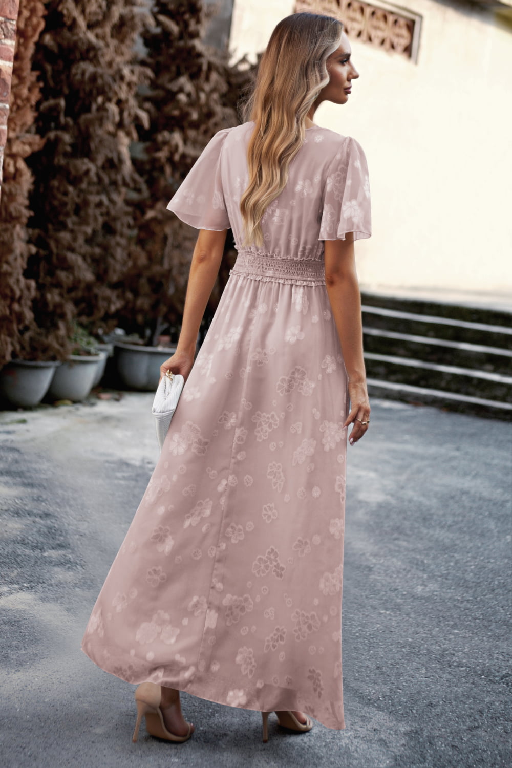 Floral Print V-Neck Smocked Waist High Slit Maxi Dress  Dresses- Doll Fits