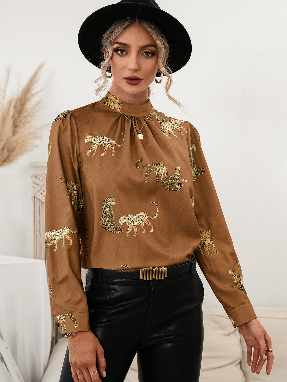 Leopard Graphic Mock Neck Puff Sleeve Blouse  Shirts & Tops- Doll Fits