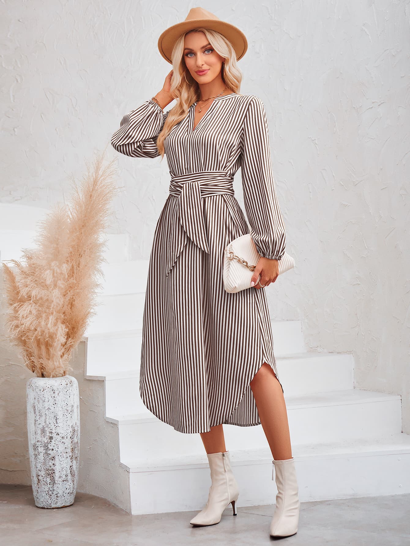 Striped Notched Neck Curved Hem Long Sleeve Dress  Dresses- Doll Fits