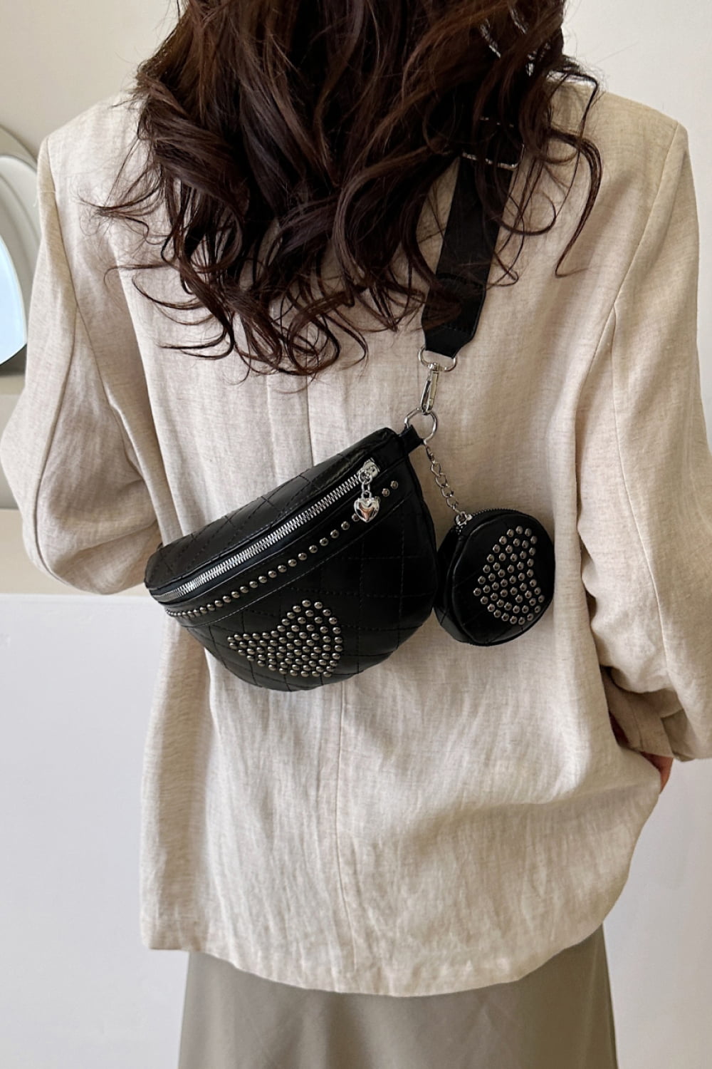 Studded PU Leather Sling Bag with Small Purse  - Doll Fits