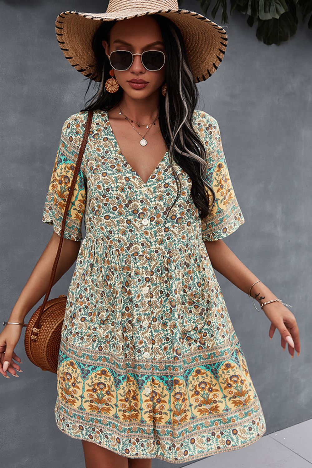 Bohemian V-Neck Half Sleeve Dress  Dresses- Doll Fits