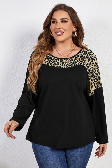 Melo Apparel Plus Size Leopard Trim Round Neck Long Sleeve Tee  - Doll Fits