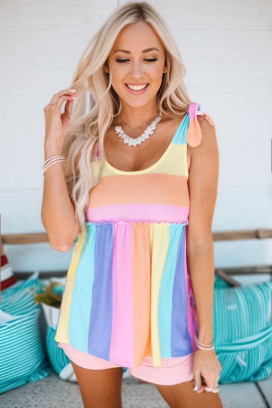 Striped Tie Shoulder Frill Trim Tank  Shirts & Tops- Doll Fits