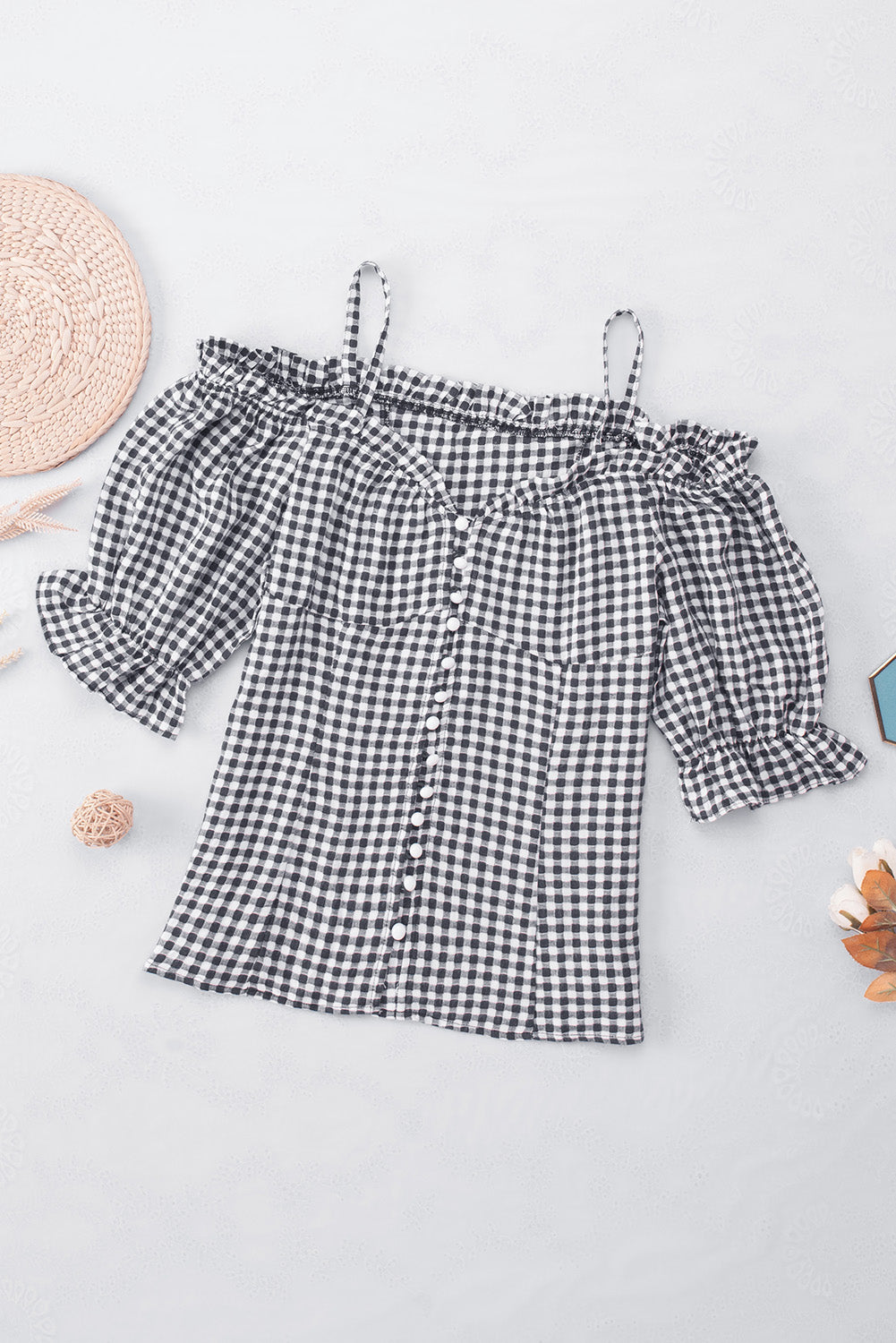 Plaid Buttoned Sweetheart Neck Cold-Shoulder Top  Shirts & Tops- Doll Fits