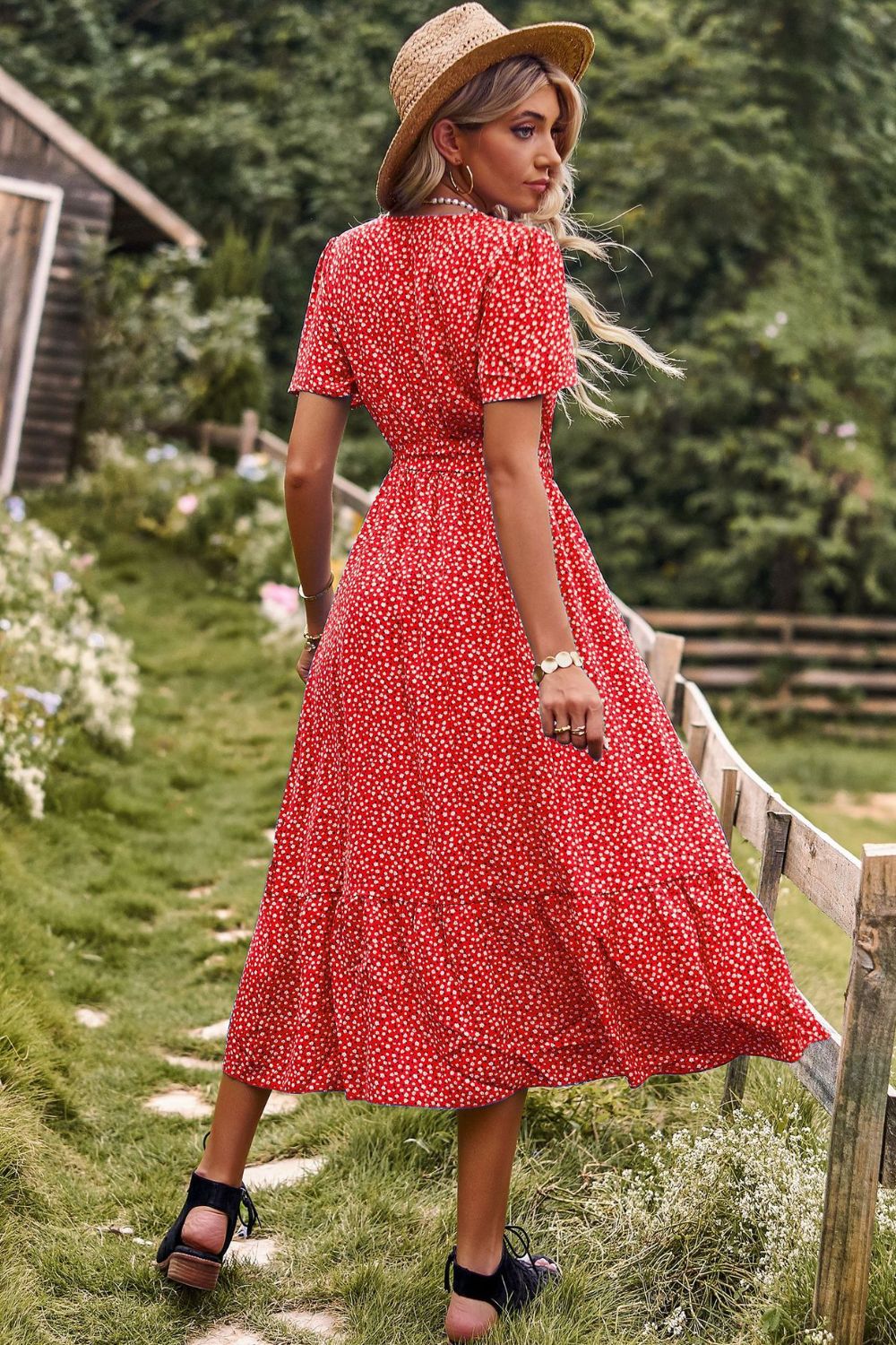 Printed Tie-Waist Short Puff Sleeve Surplice Dress  Dresses- Doll Fits