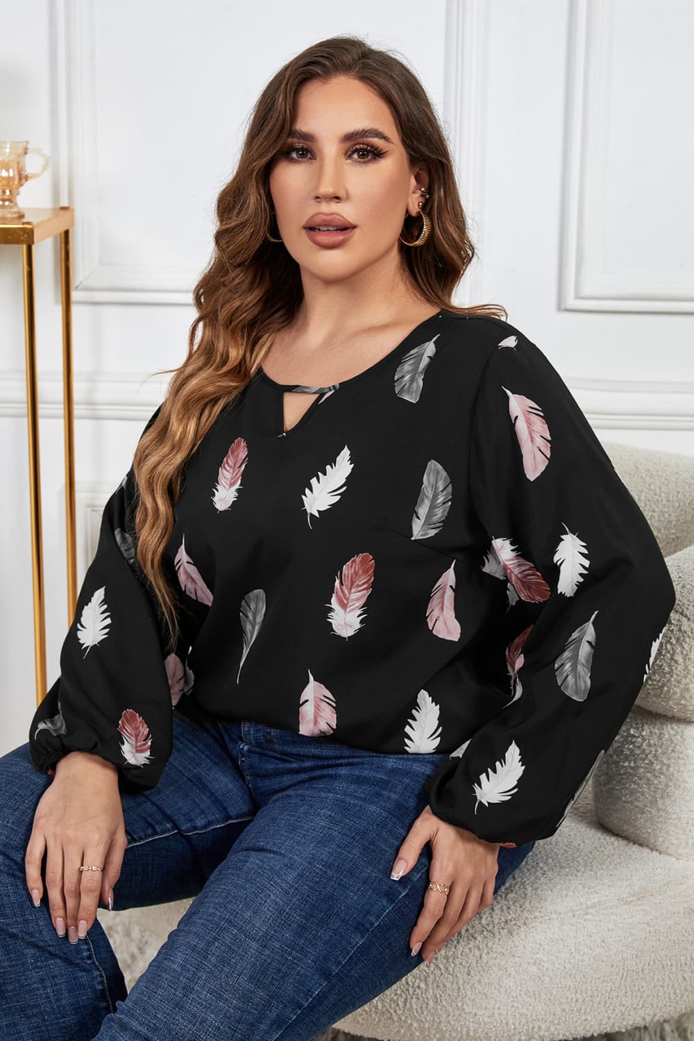 Melo Apparel Plus Size Printed Round Neck Long Sleeve Cutout Blouse  - Doll Fits