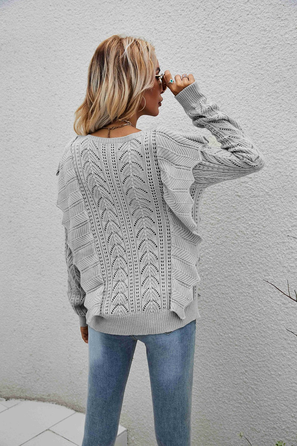 Openwork Round Neck Ruffled Sweater  Shirts & Tops- Doll Fits