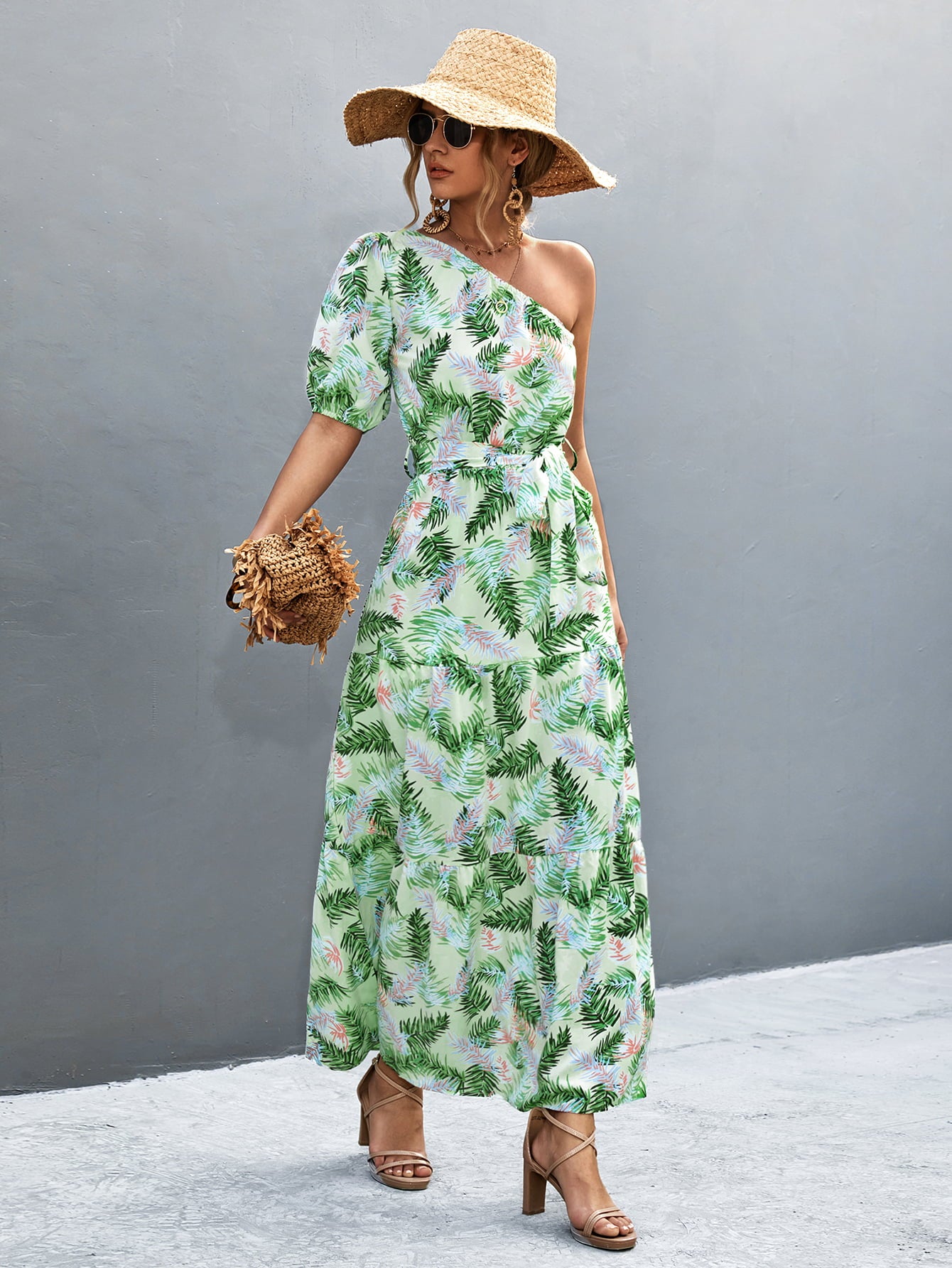 Printed Tie Waist One Shoulder Maxi Dress  Dresses- Doll Fits