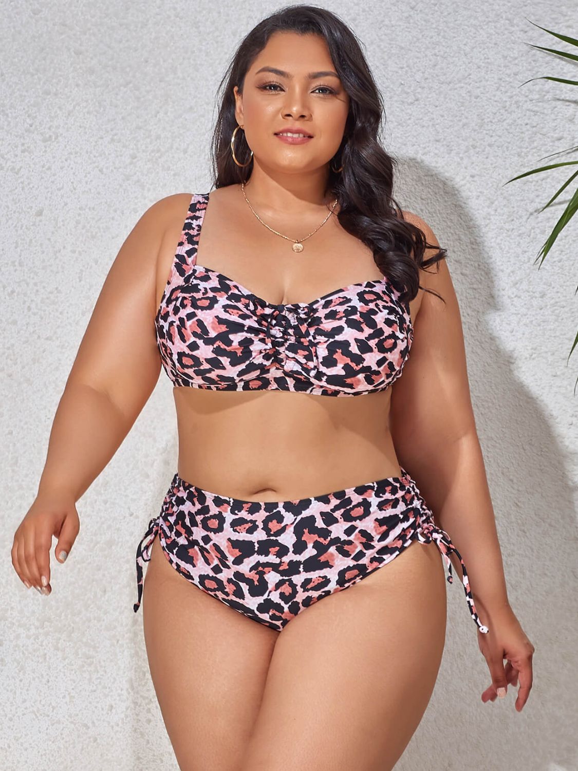 Plus Size Printed Drawstring Detail Bikini Set  Swimwear- Doll Fits