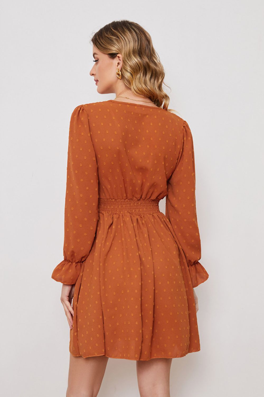 Swiss Dot Ruched V-Neck Flounce Sleeve Dress  Dresses- Doll Fits