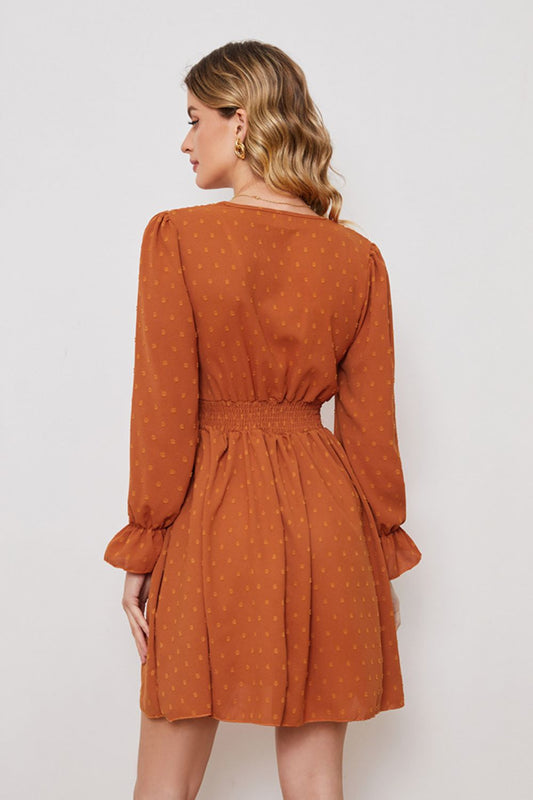 Swiss Dot Ruched V-Neck Flounce Sleeve Dress  Dresses- Doll Fits