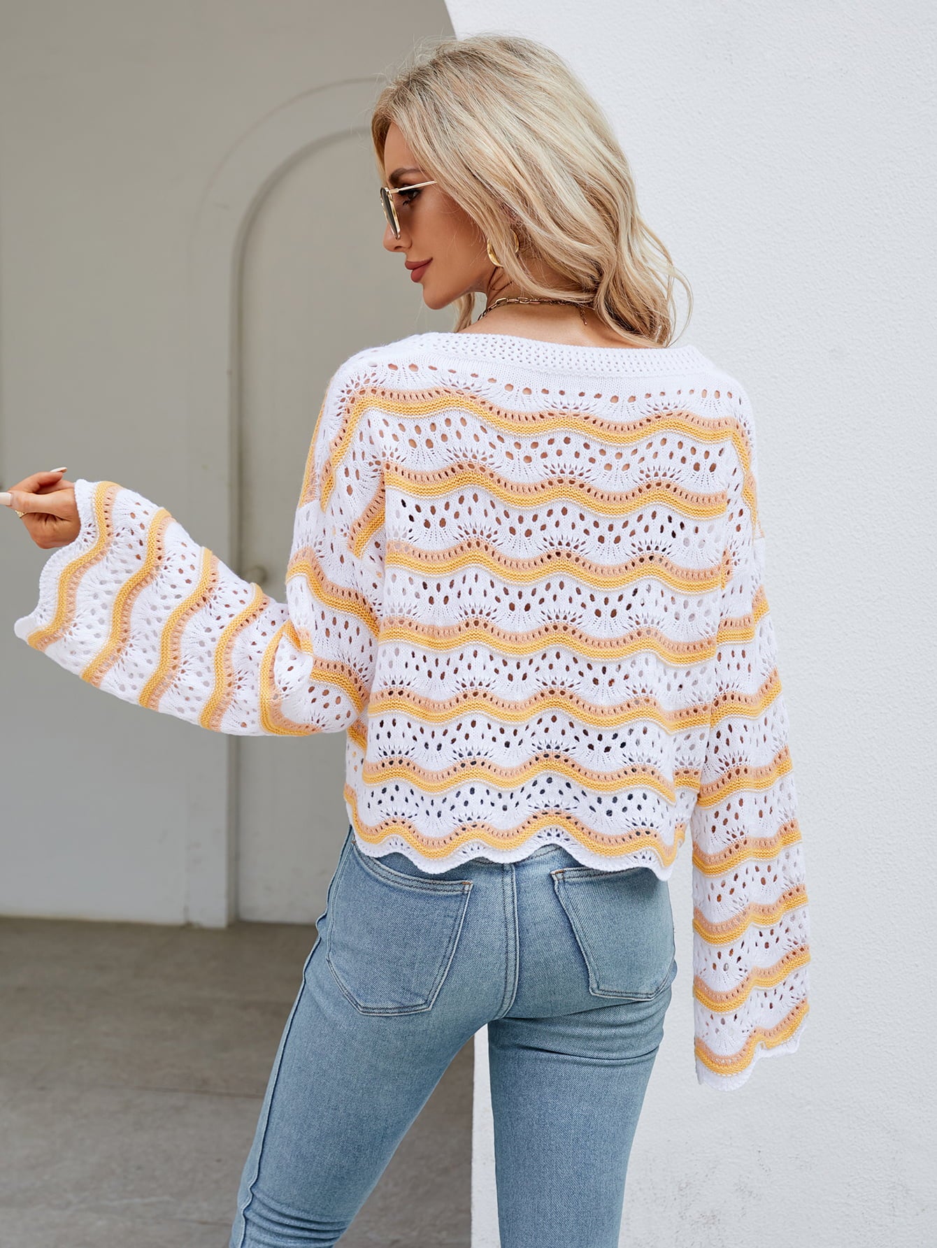 Round Neck Openwork Flare Sleeve Knit Top  - Doll Fits