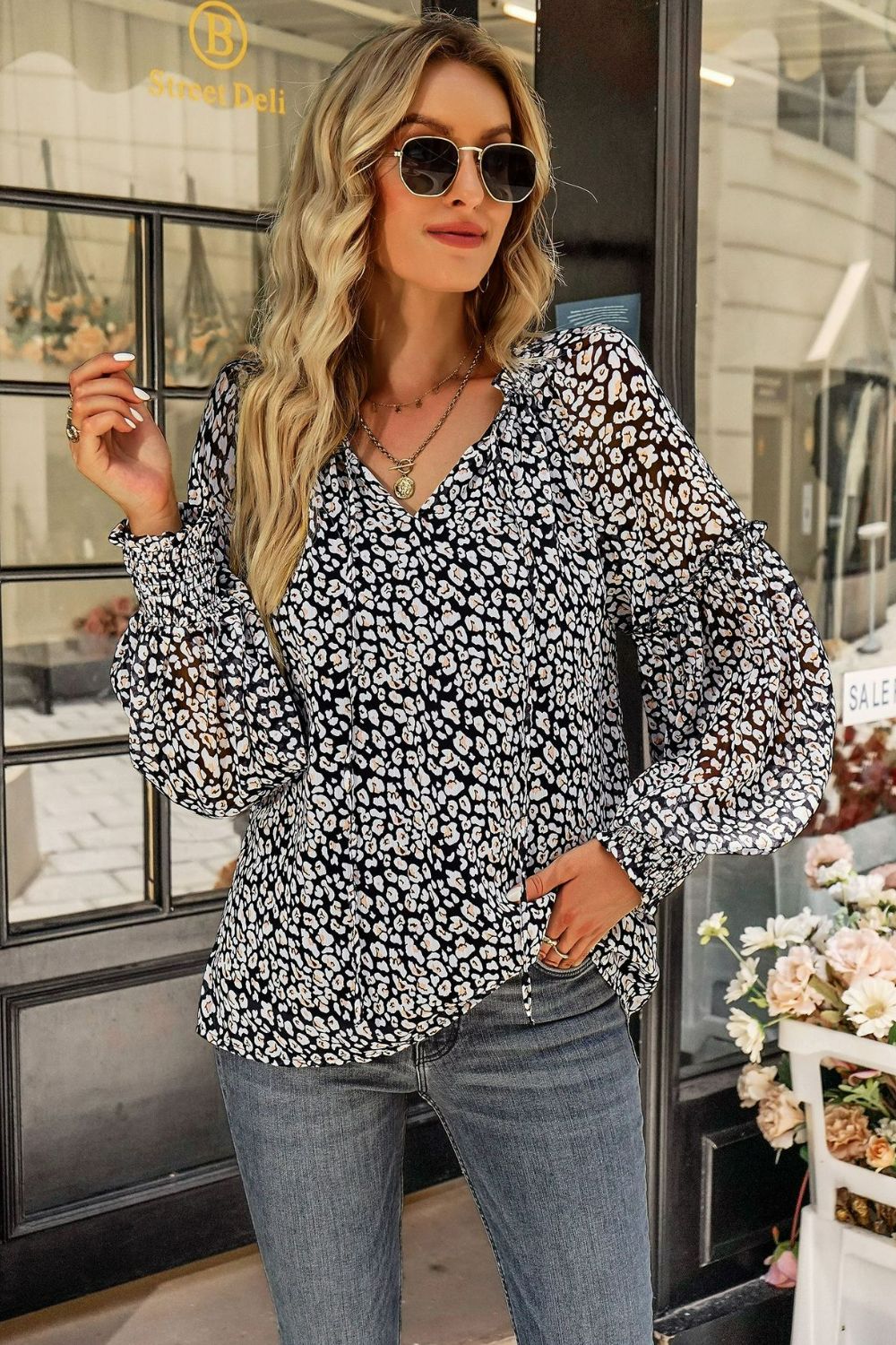 Floral Tie Neck Lantern Sleeve Blouse  Shirts & Tops- Doll Fits