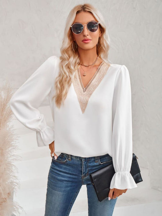 Contrast Trim Flounce Sleeve V-Neck Blouse  Shirts & Tops- Doll Fits