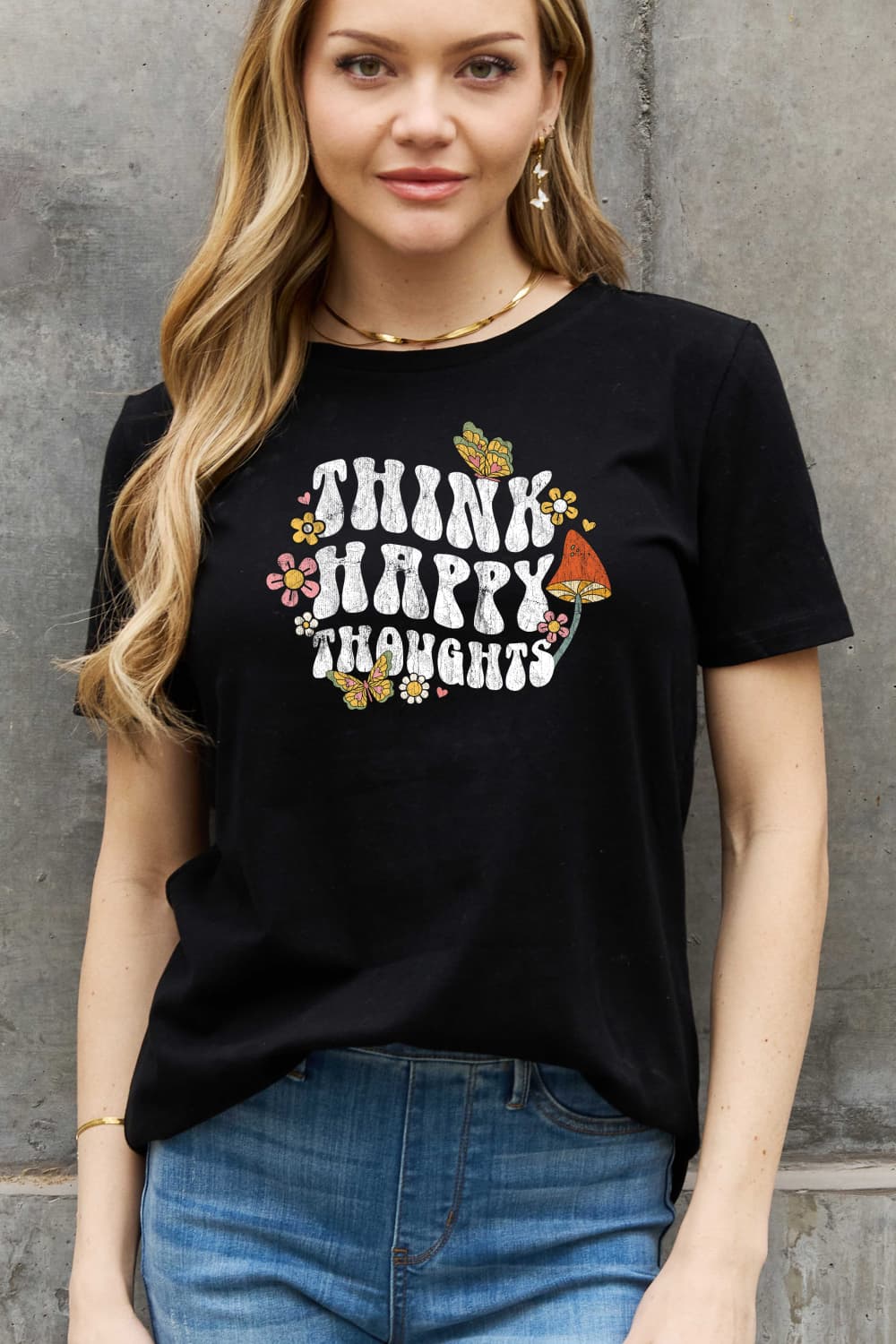 Simply Love Full Size THINK HAPPY THOUGHTS Graphic Cotton Tee  - Doll Fits