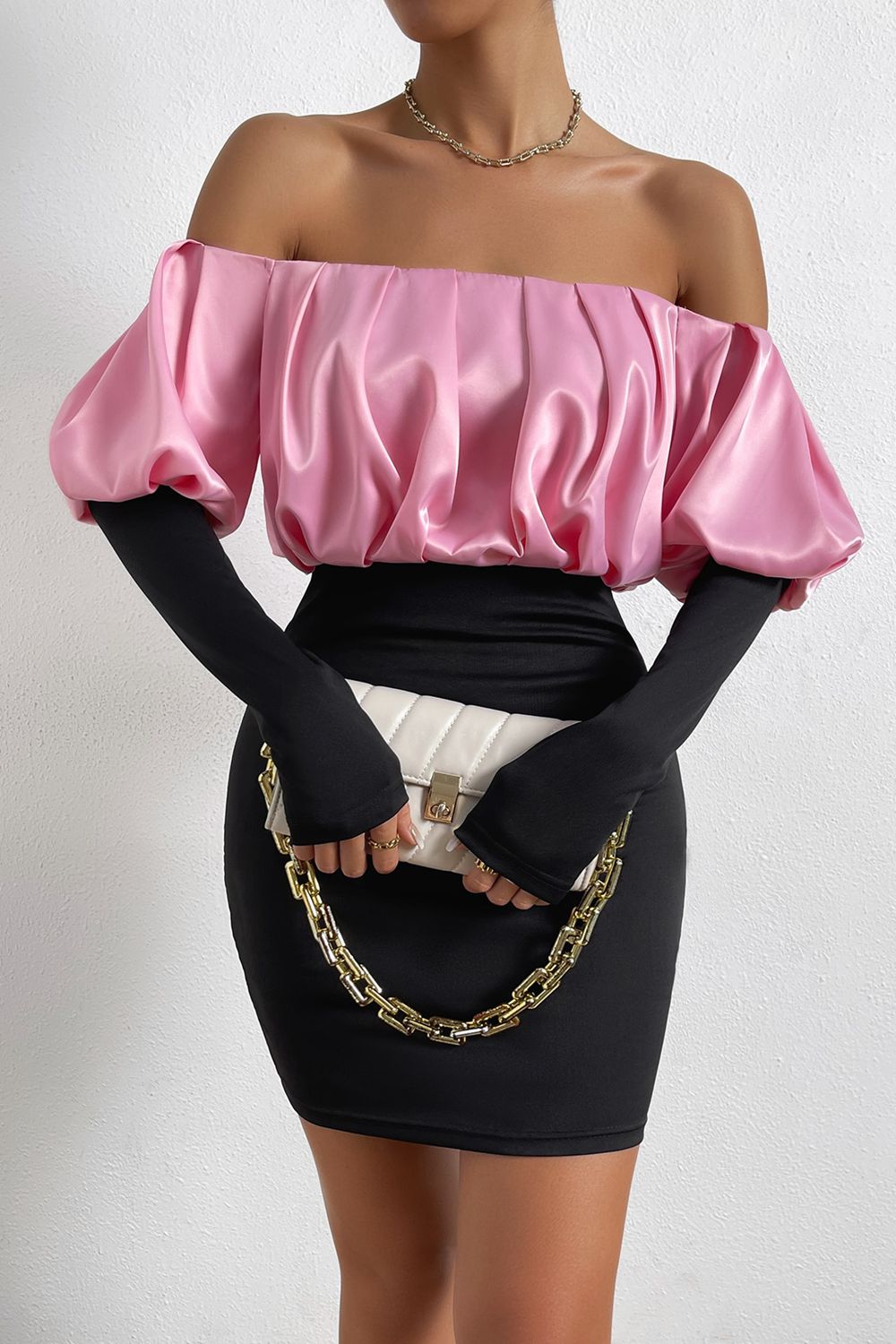 Off-Shoulder Puff Sleeve Mini Pencil Dress  Dresses- Doll Fits
