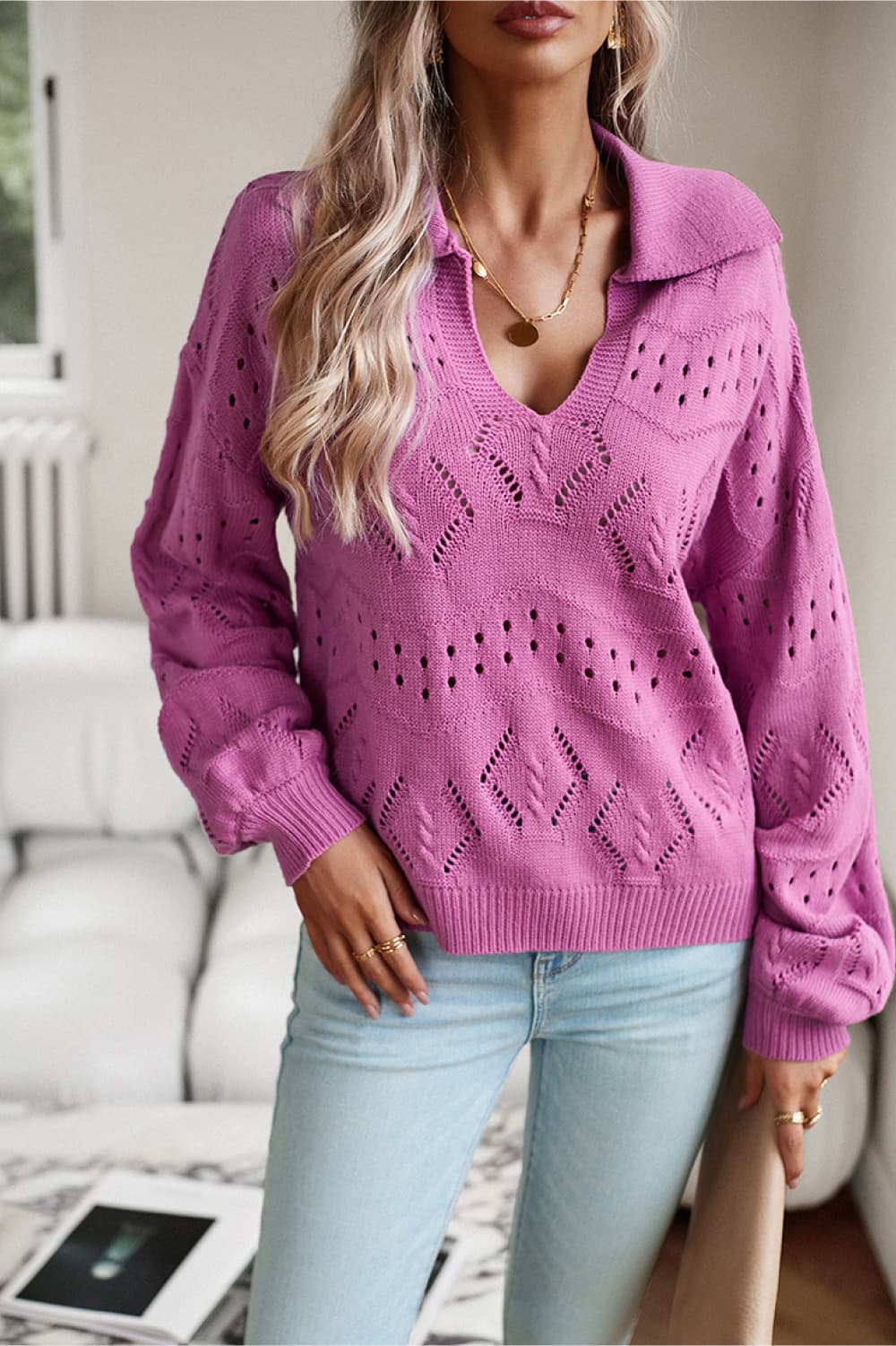 Openwork Long Sleeve Notched Neck Sweater  - Doll Fits