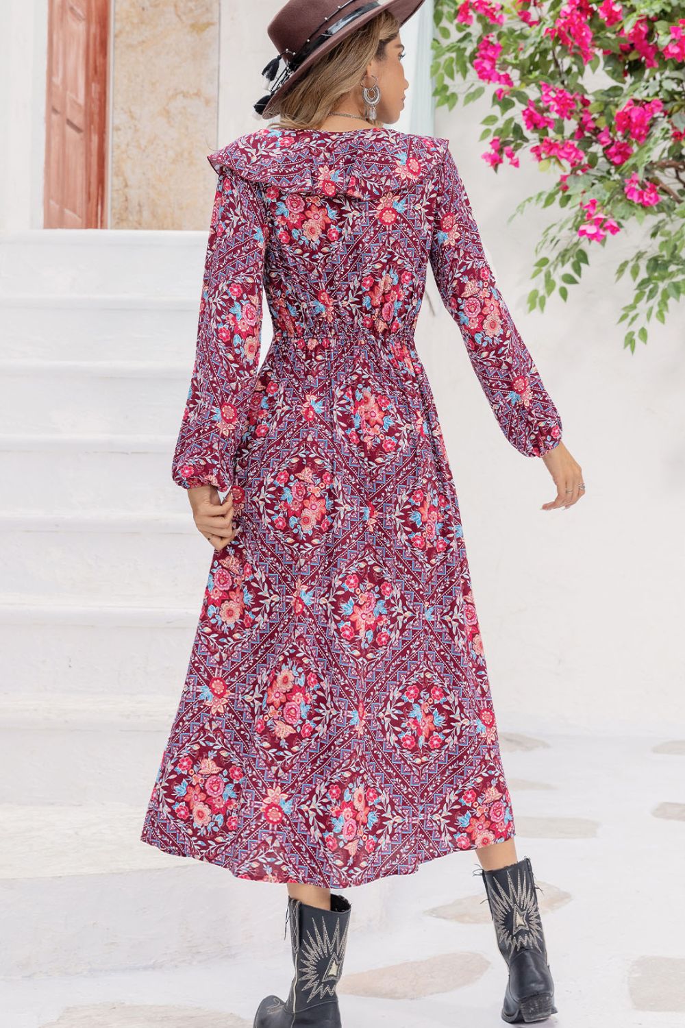 Printed Long Sleeve Slit Midi Dress  Dresses- Doll Fits