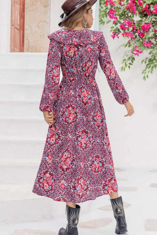 Printed Long Sleeve Slit Midi Dress  Dresses- Doll Fits