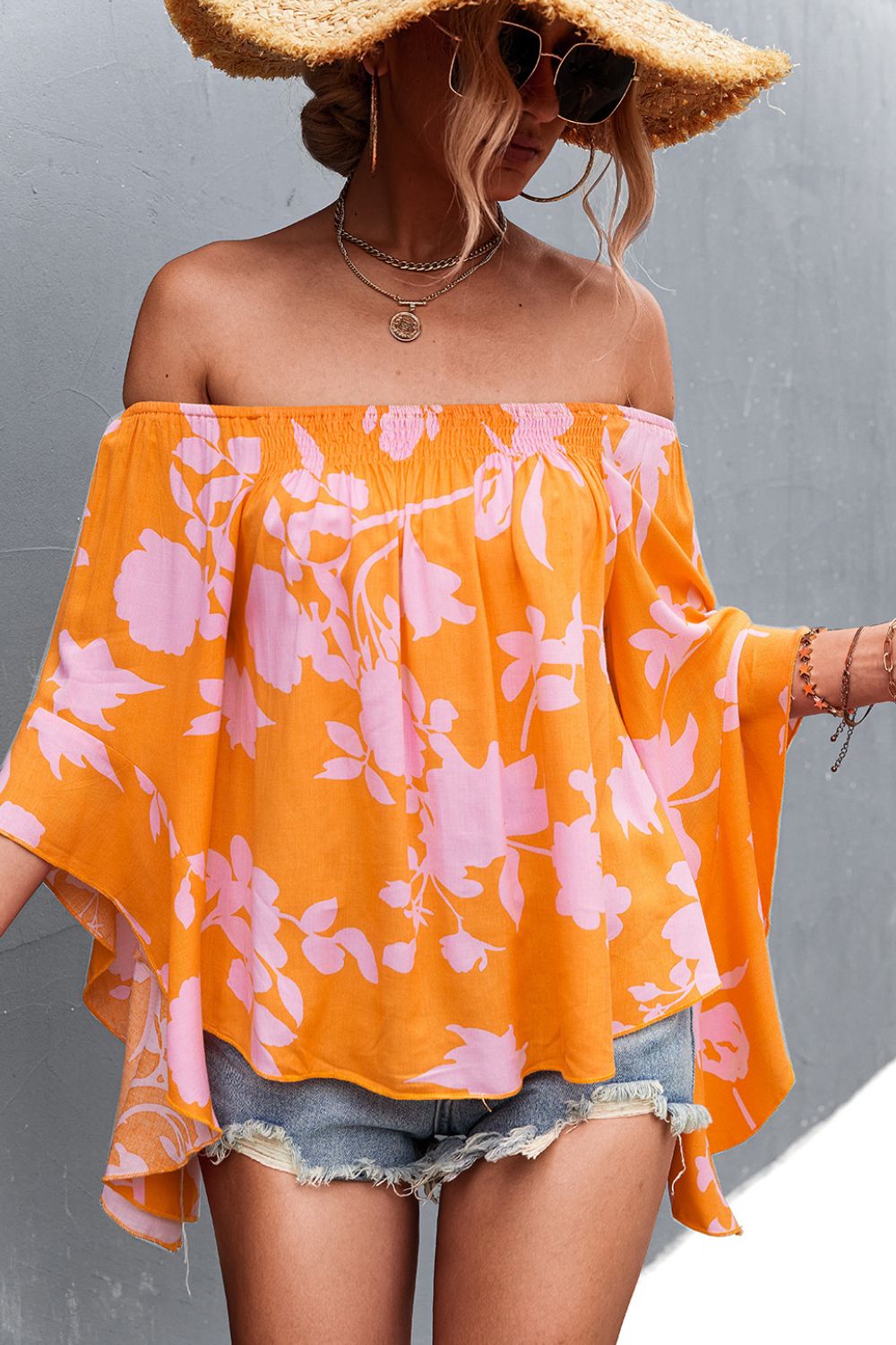 Floral Bell Sleeve Off-Shoulder Blouse  Shirts & Tops- Doll Fits
