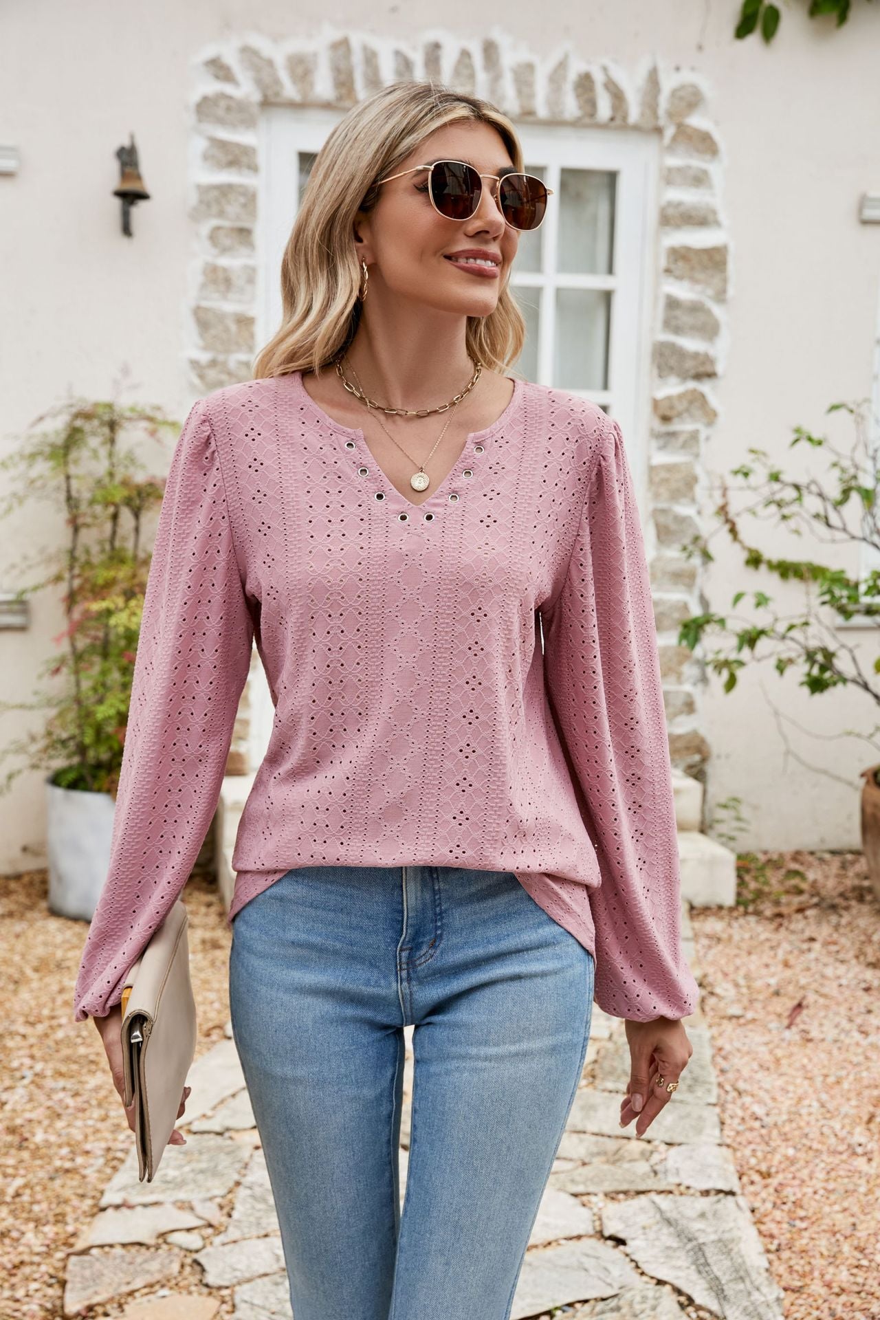 Eyelet Notched Neck Balloon Sleeve Blouse  Shirts & Tops- Doll Fits
