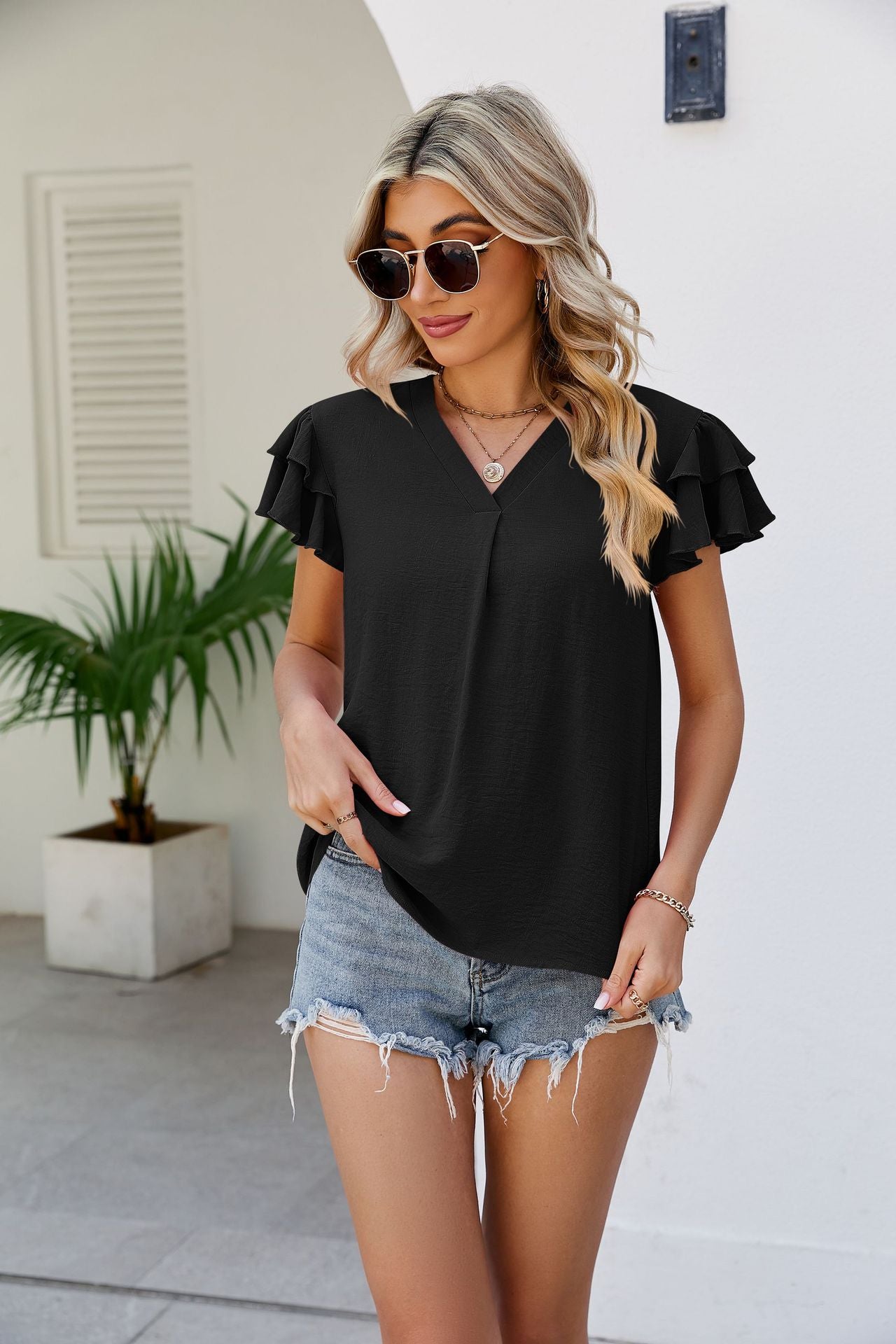 V-Neck Layered Flutter Sleeve Top  Shirts & Tops- Doll Fits