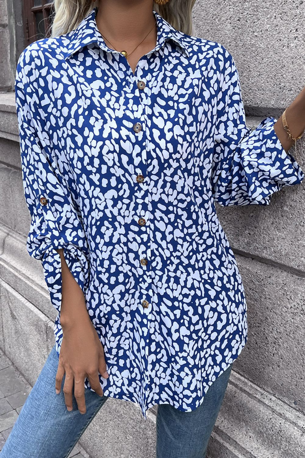 Double Take Leopard Roll-Tap Sleeve Shirt  - Doll Fits