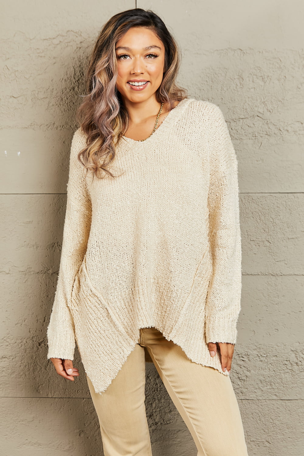 Heimish By The Fire Full Size Draped Detail Knit Sweater  - Doll Fits
