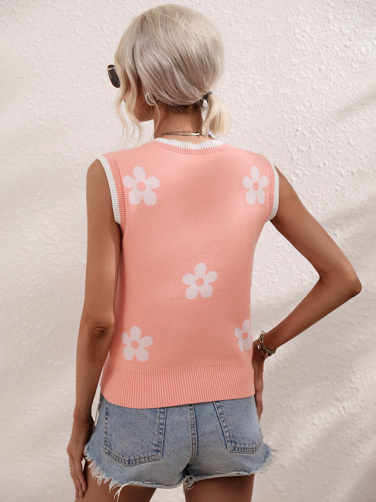 Floral Contrast Ribbed Trim Sweater Vest  Shirts & Tops- Doll Fits
