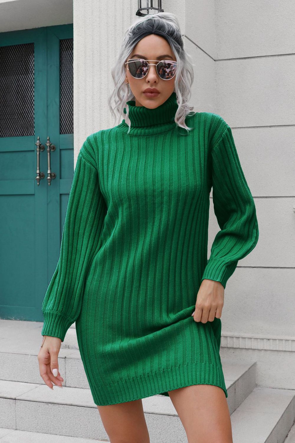 Ribbed Turtle Neck Long Sleeve Mini Sweater Dress  Dresses- Doll Fits