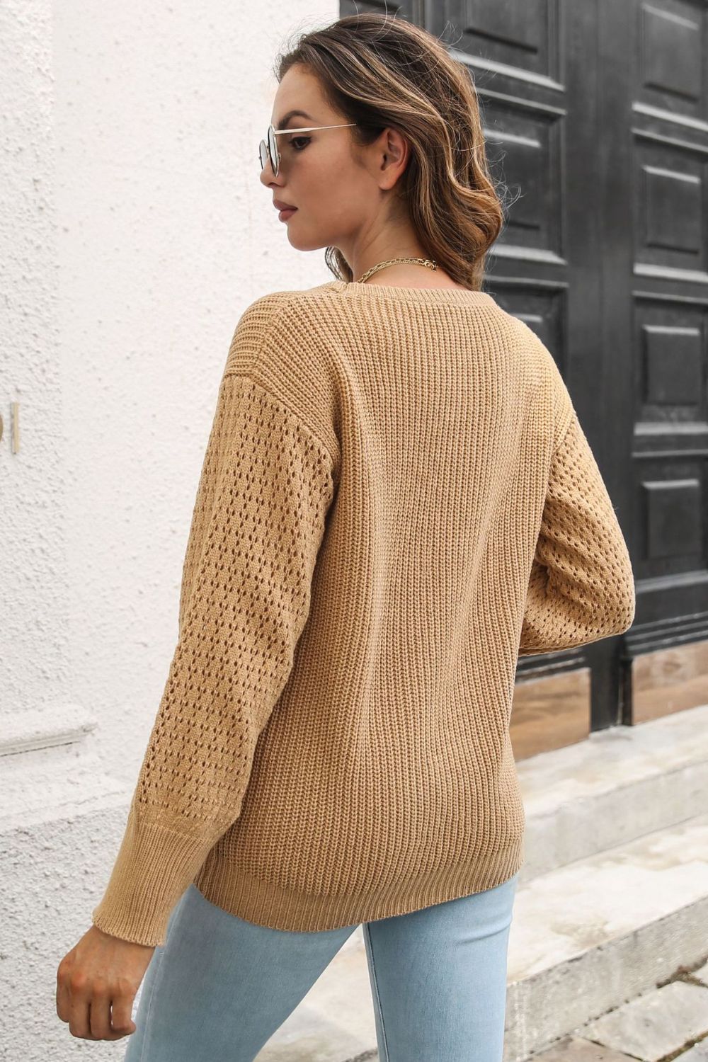 Ribbed Openwork Sleeve Round Neck Pullover Sweater  - Doll Fits