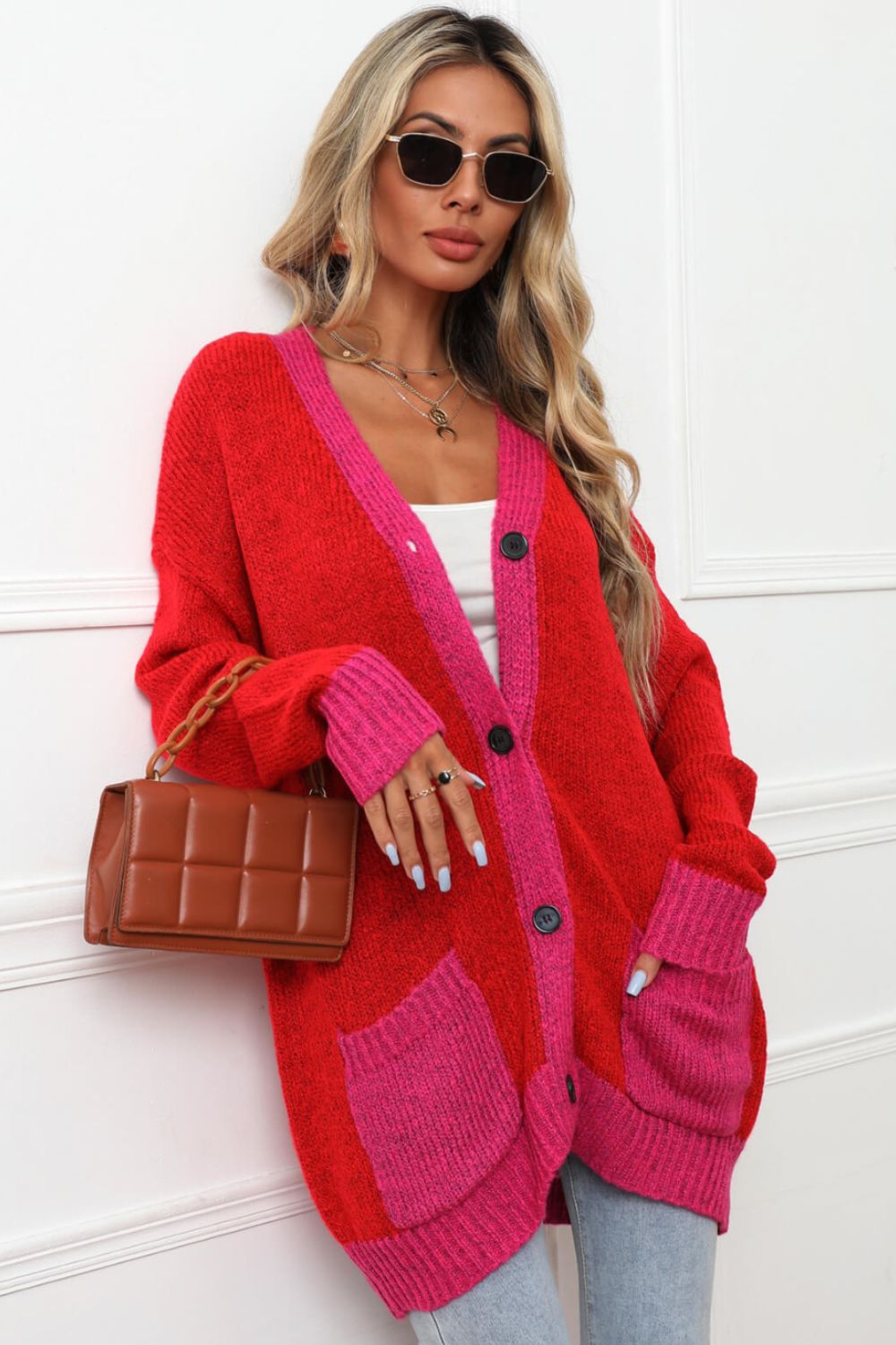 Contrast Detail Button-Up Cardigan with Pockets  Coats & Jackets- Doll Fits