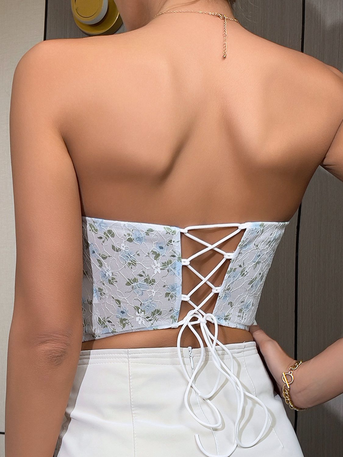 Floral Lace-Up Strapless Bustier  - Doll Fits