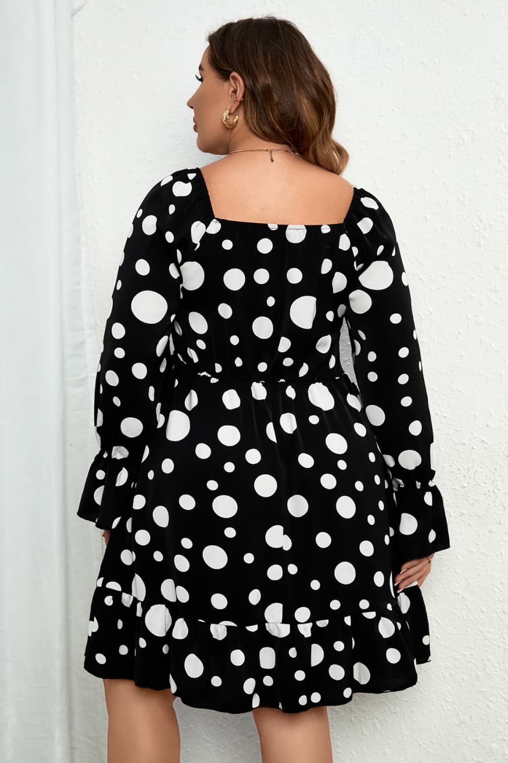 Melo Apparel Plus Size Polka Dot Sweetheart Neck Flounce Sleeve Mini Dress  Dresses- Doll Fits