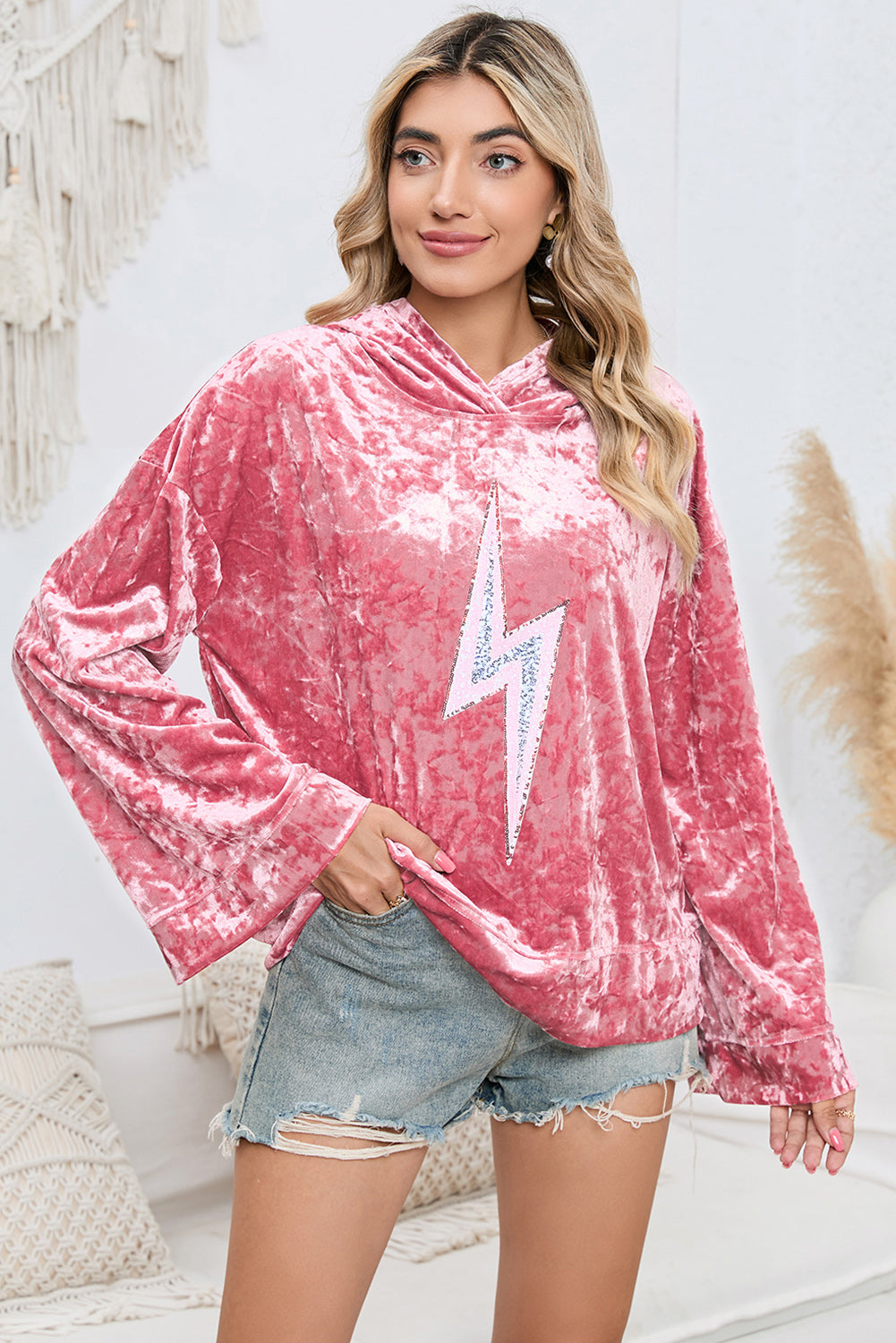 Sequin Flash Pattern Long Sleeve Dropped Shoulder Oversized Hoodie  - Doll Fits