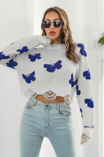 Printed Round Neck Ribbed Long Sleeve Sweater  - Doll Fits