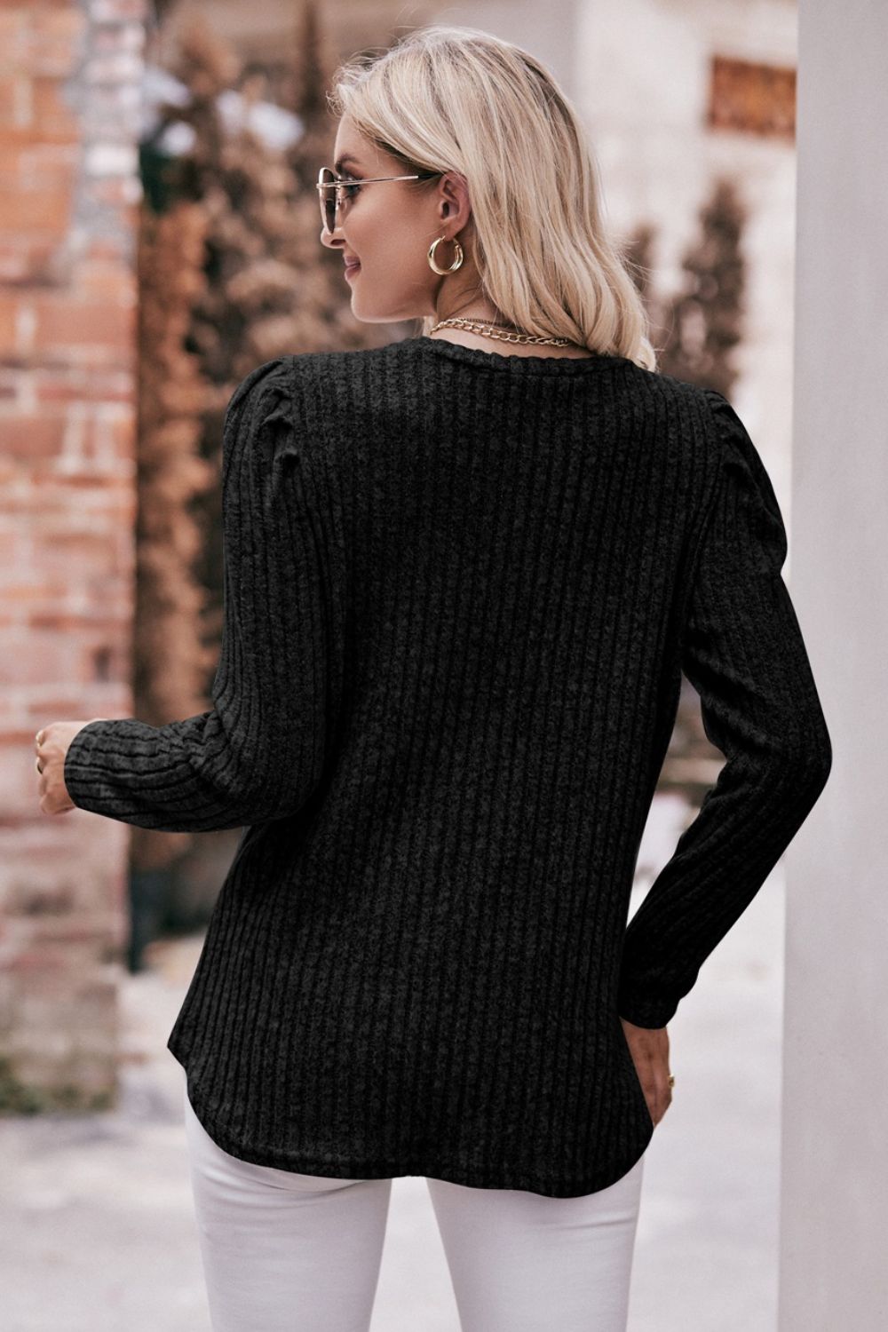 Round Neck Puff Sleeve Ribbed Top  Shirts & Tops- Doll Fits