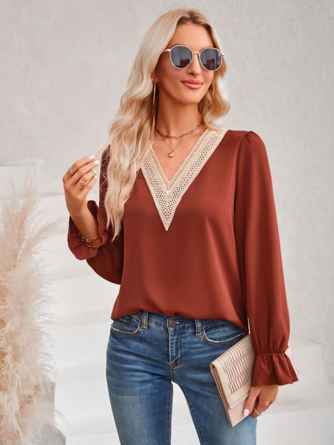 Contrast Trim Flounce Sleeve V-Neck Blouse  Shirts & Tops- Doll Fits
