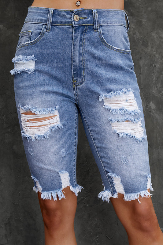 Distressed Frayed Hem Denim Bermuda Shorts  - Doll Fits