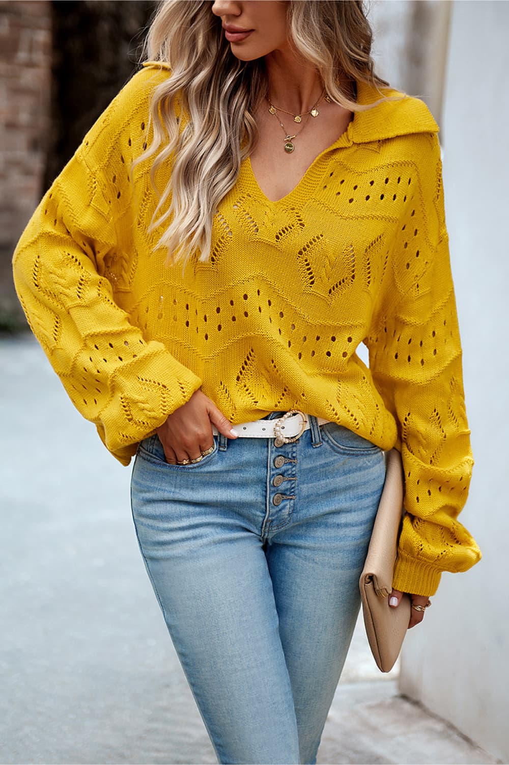 Openwork Long Sleeve Notched Neck Sweater  - Doll Fits