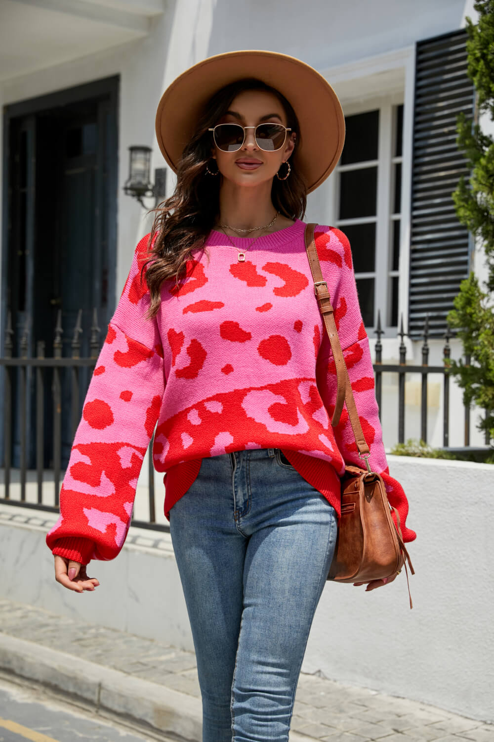 Leopard Ribbed Trim Dropped Shoulder Sweater  Shirts & Tops- Doll Fits