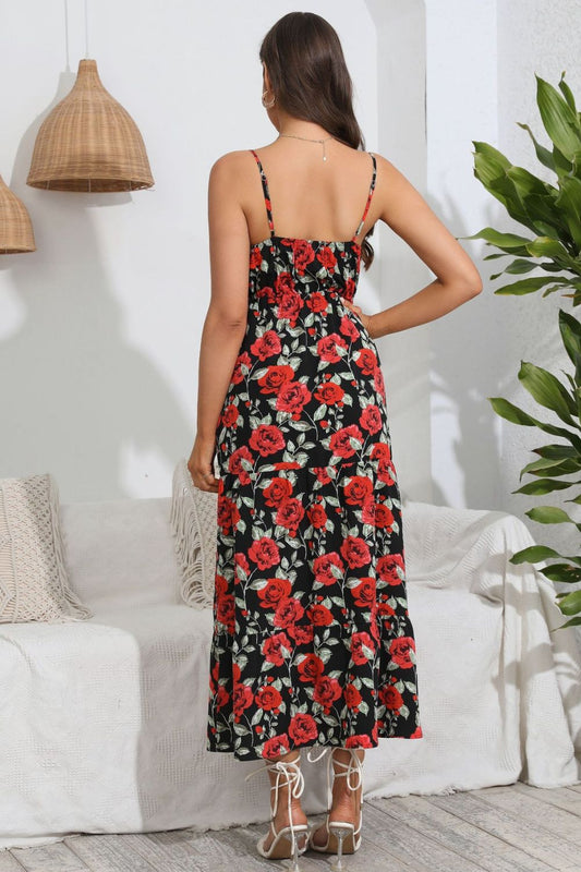Rose Print Spaghetti Strap Sweetheart Neck Dress  Dresses- Doll Fits