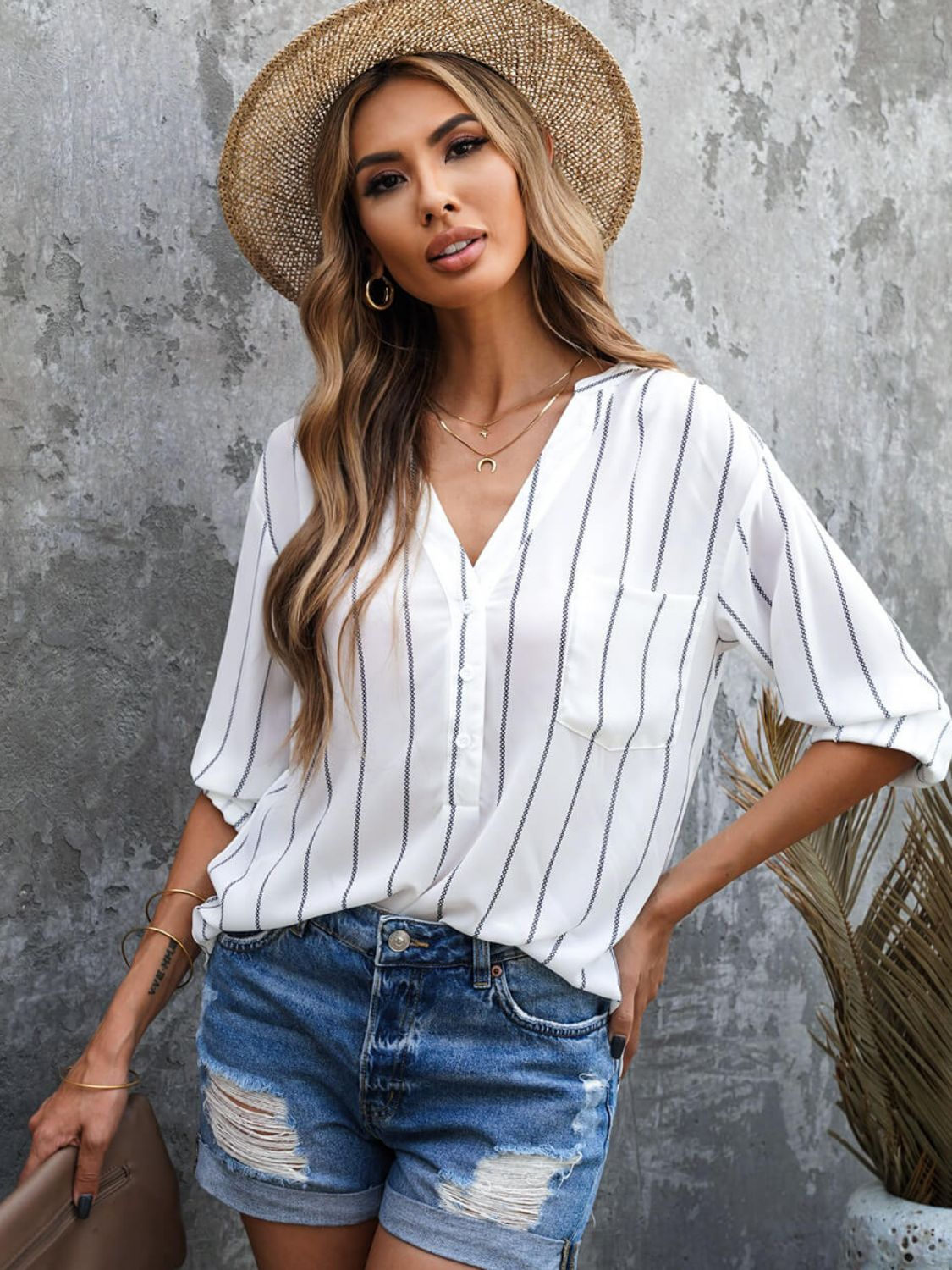 Striped V-Neck High-Low Shirt with Breast Pocket  Shirts & Tops- Doll Fits