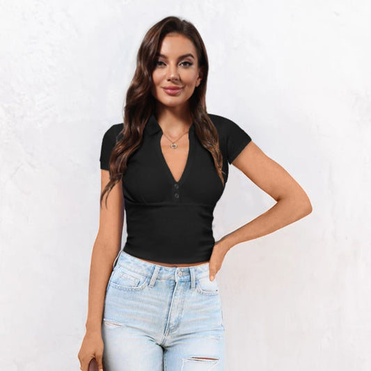 Buttoned Johnny Collar Short Sleeve Top  Shirts & Tops- Doll Fits
