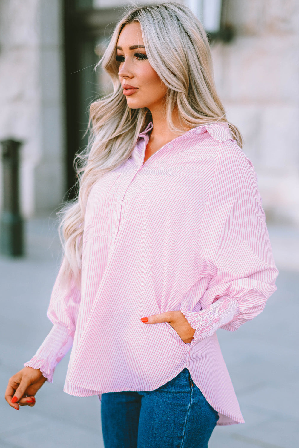 Striped Lantern Sleeve Collared Shirt  Shirts & Tops- Doll Fits