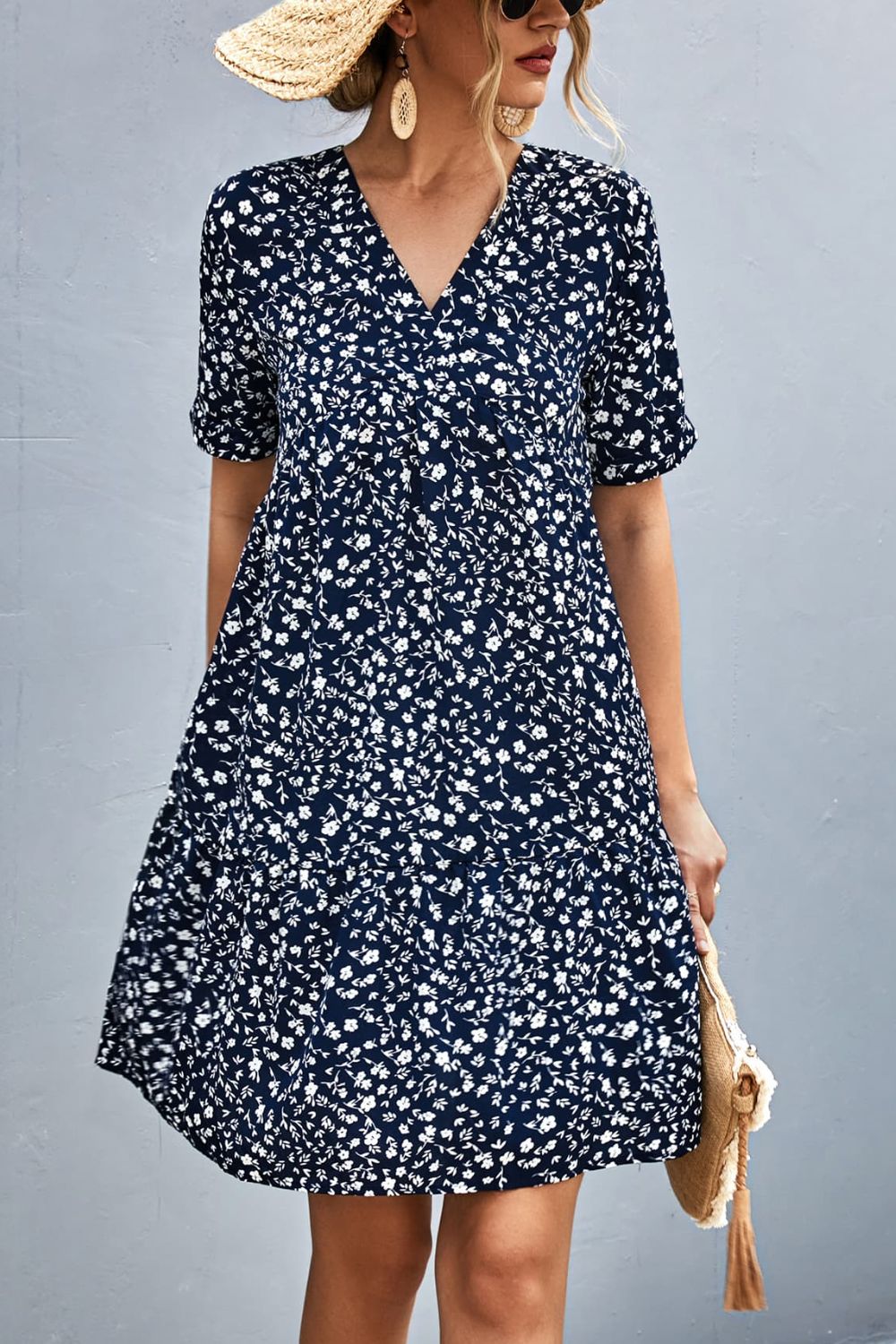 Ditsy Floral Empire Waist Plunge Short Sleeve Dress  Dresses- Doll Fits