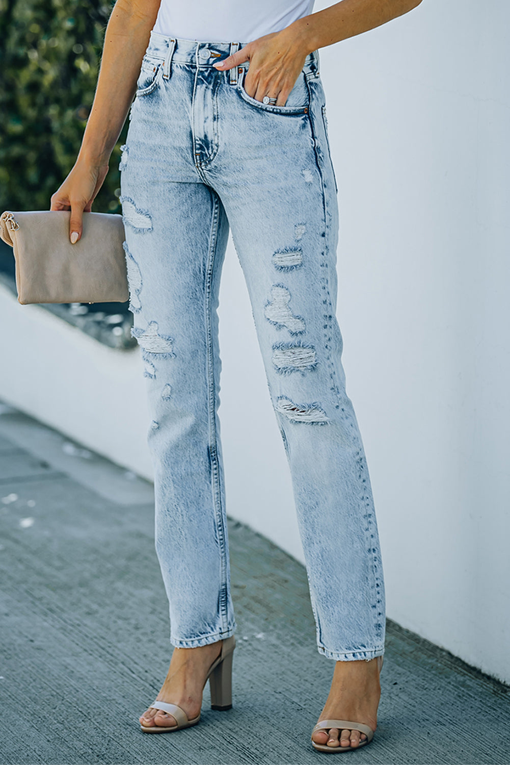 Acid Wash Distressed Jeans with Pockets  Pants- Doll Fits