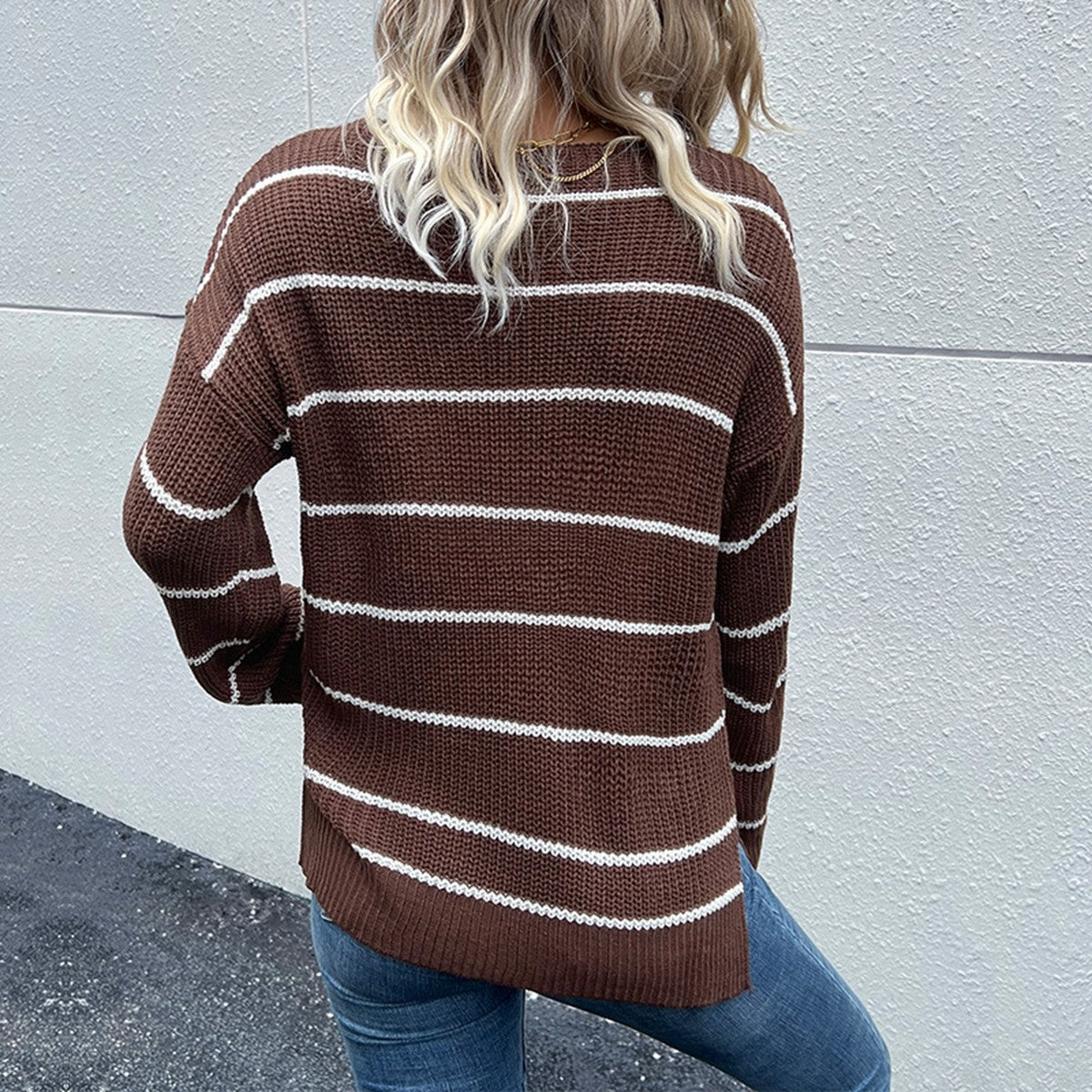 Striped V-Neck Slit Dropped Shoulder Sweater  Shirts & Tops- Doll Fits