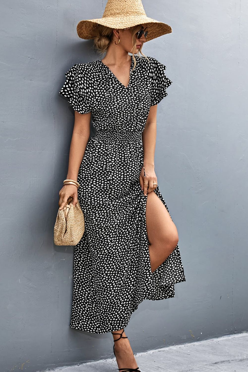 Printed Tie-Neck Flutter Sleeve Split Dress  Dresses- Doll Fits